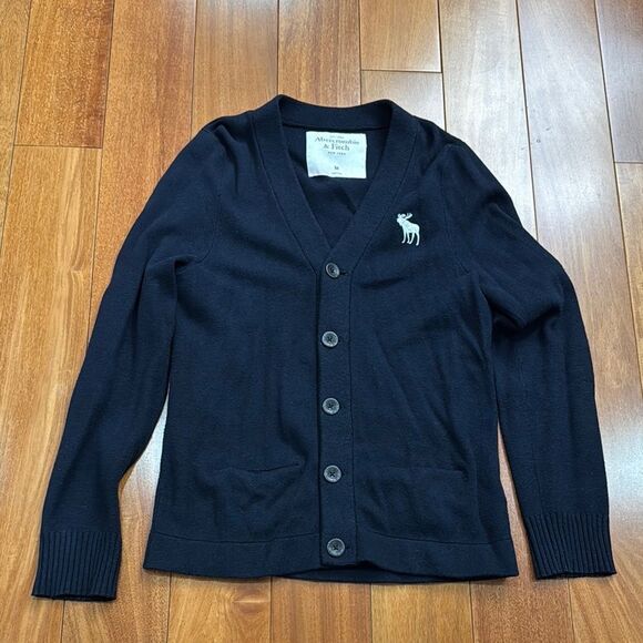 Abercrombie & Fitch Men’s Button Up Cardigan Navy Blue Wool Blend Moose Logo M - Picture 1 of 8